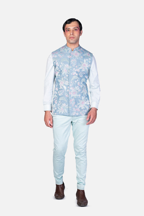 Multicolour wallpaper threadwork grey waistcoat with mint shirt and pants