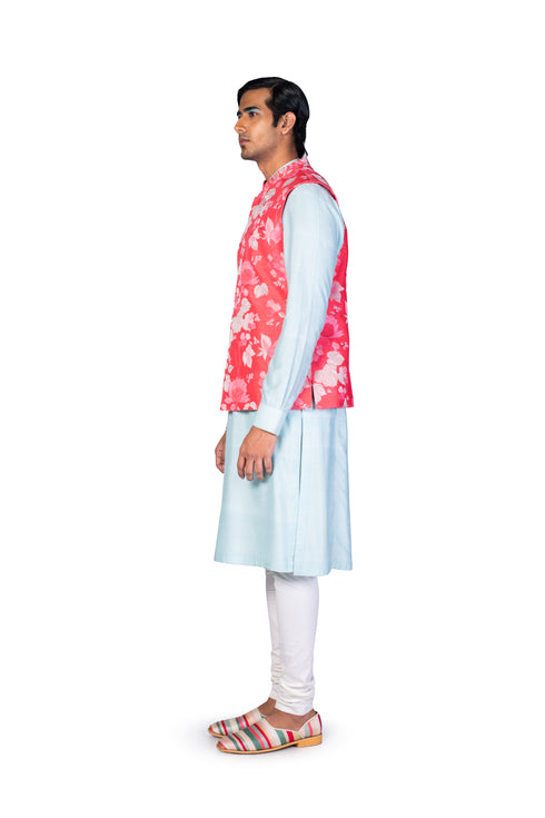 Coral multicolour wallpaper EMB Waistcoat with mint Kurta and Churidar