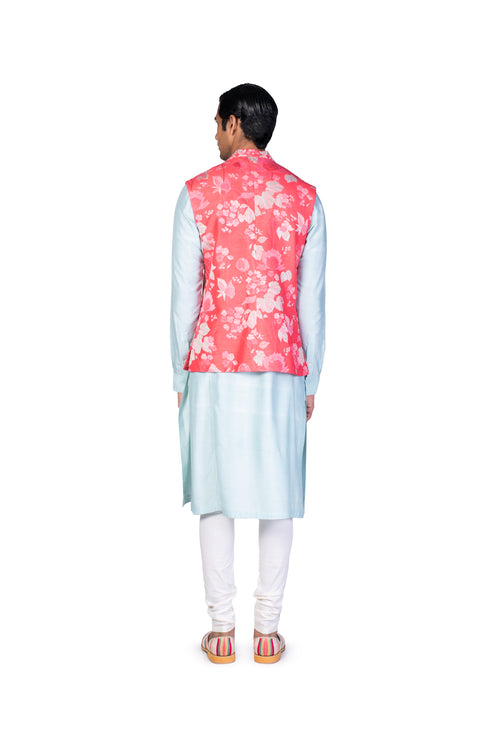 Coral multicolour wallpaper EMB Waistcoat with mint Kurta and Churidar