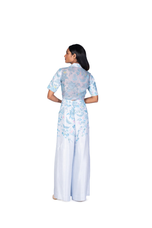 Sky Blue wallpaper handpainted Sheer-Back Top and Pants