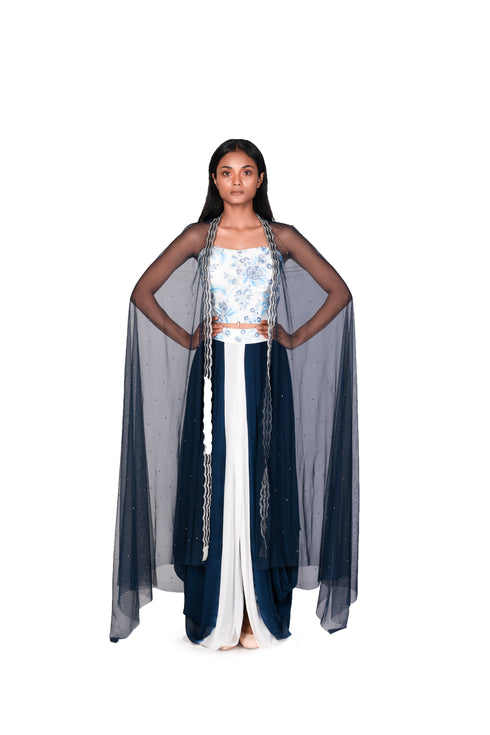 Handpainted Corset, Navy Tie-Dye Skirt with Cutdana EMB Throw