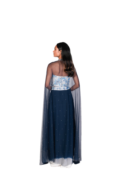 Handpainted Corset, Navy Tie-Dye Skirt with Cutdana EMB Throw