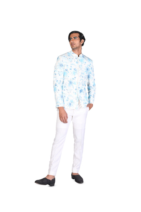White and Blue wallpaper handpainted Shirt Bnadhgala and White Pants