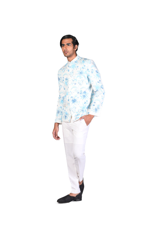White and Blue wallpaper handpainted Shirt Bnadhgala and White Pants