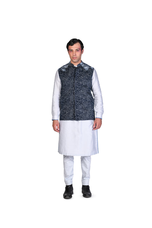 Midnight Blue Rose Handpainted Waistcoat, Grey Tie-Dye Edge Kurta and Churidar
