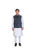 Midnight Blue Rose Handpainted Waistcoat, Grey Tie-Dye Edge Kurta and Churidar