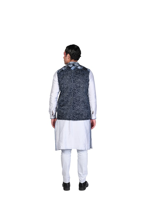 Midnight Blue Rose Handpainted Waistcoat, Grey Tie-Dye Edge Kurta and Churidar
