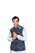 Midnight Blue Rose Handpainted Waistcoat, Grey Tie-Dye Edge Kurta and Churidar