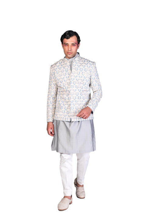 Offwhite Bandhgala with Grey Silk Kurta and Churidar
