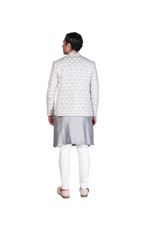 Offwhite Bandhgala with Grey Silk Kurta and Churidar