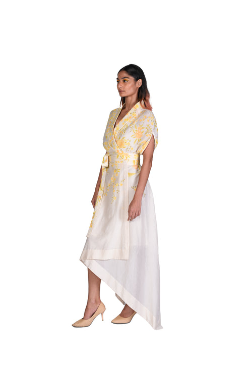 Yellow wallpaper handpainted Wrap Dress with Inner