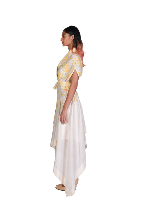 Yellow wallpaper handpainted Wrap Dress with Inner