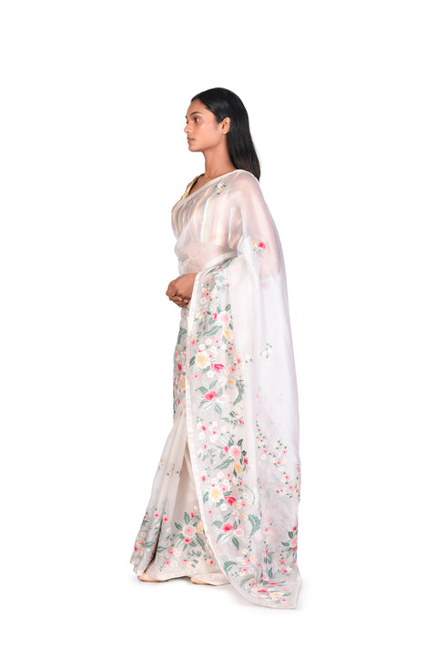 Off-white Multicolor Saree with Striped Blouse Piece