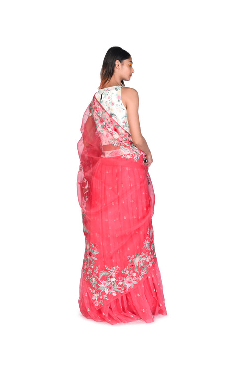 Multicolour wallpaper handpainted Blouse, Organza skirt and Net Dupatta