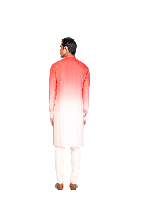 Coral and Peach Ikkat Achkan with collar, Kurta and Churidar