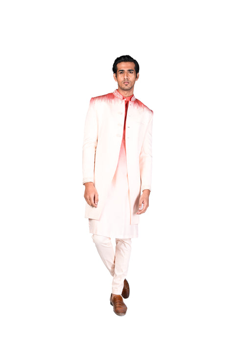 Coral and Peach Ikkat Achkan with collar, Kurta and Churidar