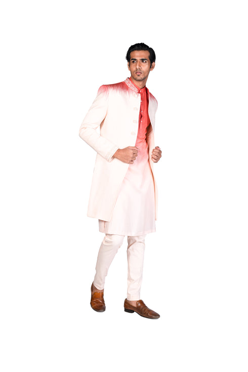 Coral and Peach Ikkat Achkan with collar, Kurta and Churidar
