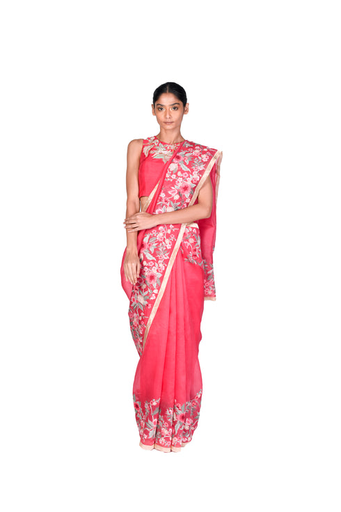 Coral wallpaper EMB Organza Saree with Blouse piece