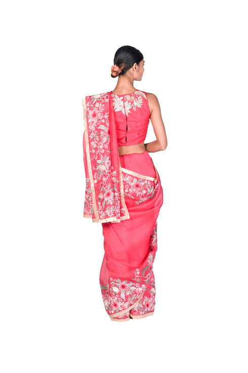 Coral wallpaper EMB Organza Saree with Blouse piece