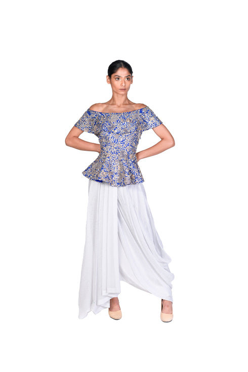 Electric Blue Corset Top with Draped Net Skirt