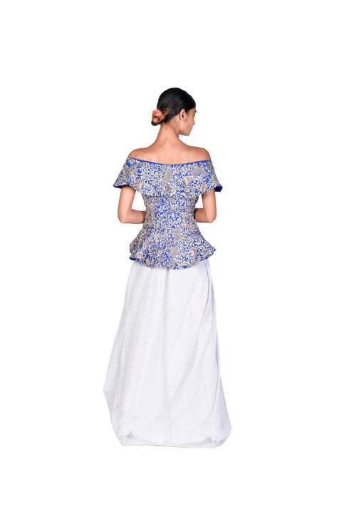 Electric Blue Corset Top with Draped Net Skirt