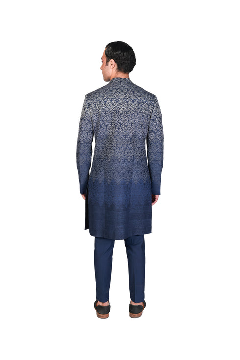 Midnight Blue Shaded Paisley Sherwani with Navy Pants