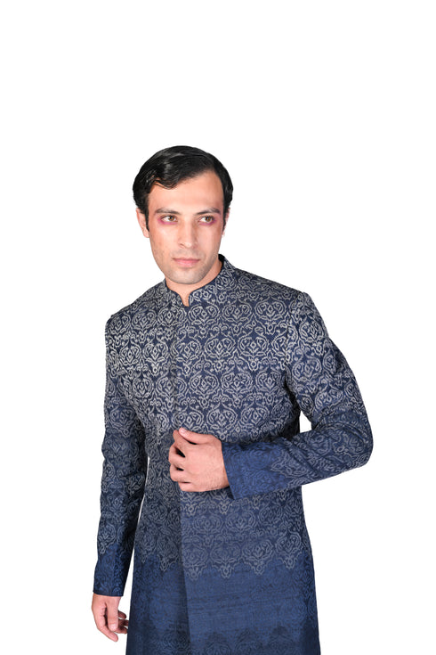 Midnight Blue Shaded Paisley Sherwani with Navy Pants
