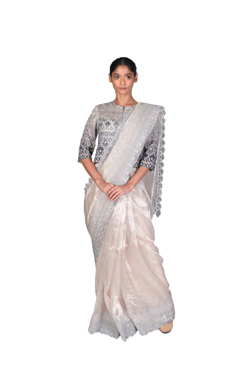 Grey shaded Silver Tissue Saree with EMB Blouse Piece and EMB Crop Jacket