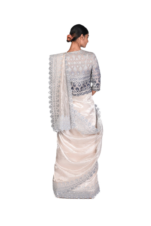 Grey shaded Silver Tissue Saree with EMB Blouse Piece and EMB Crop Jacket