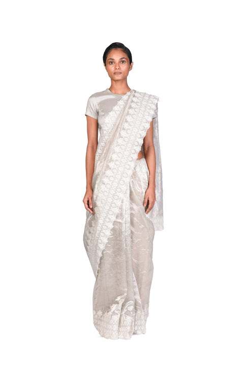 Offwhite Silver Saree with Blouse Piece and Silver Metallic Blouse