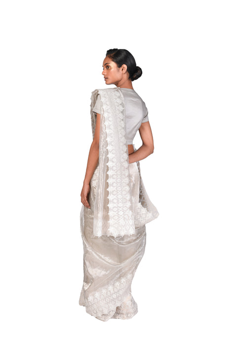 Offwhite Silver Saree with Blouse Piece and Silver Metallic Blouse