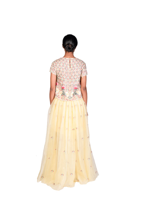 Multi-colour EMB Crop-Top with Pleated Skirt