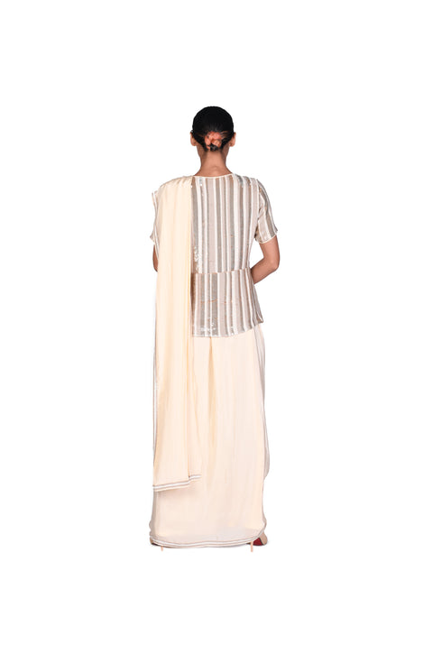 Cream striped Sequin EMB Jacket with Cream EMB Saree