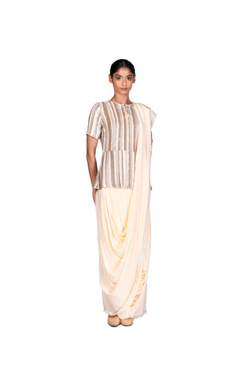 Cream striped Sequin EMB Jacket with Cream EMB Saree