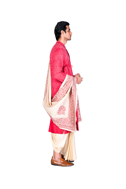 Red Paisley EMB Kurta with Dhoti and Shawl