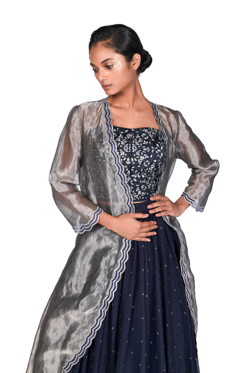 Navy Vine Jaal EMB Corset With Grey Jacket and Net Skirt