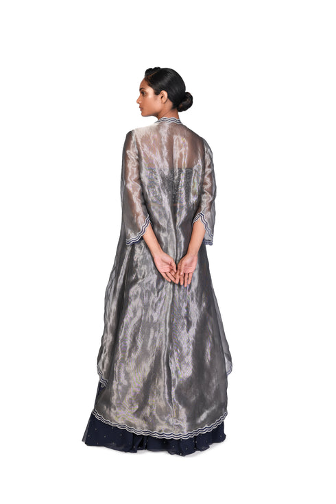 Navy Vine Jaal EMB Corset With Grey Jacket and Net Skirt