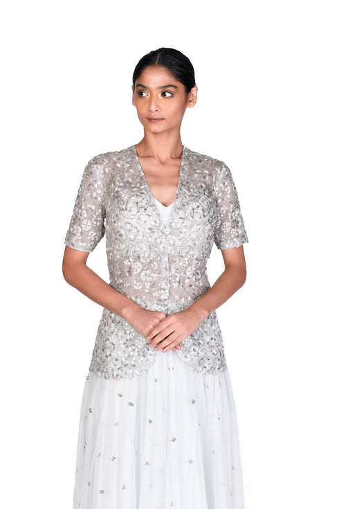 Pale Blue Vine EMB Jacket with Bustier and EMB Tulle Skirt