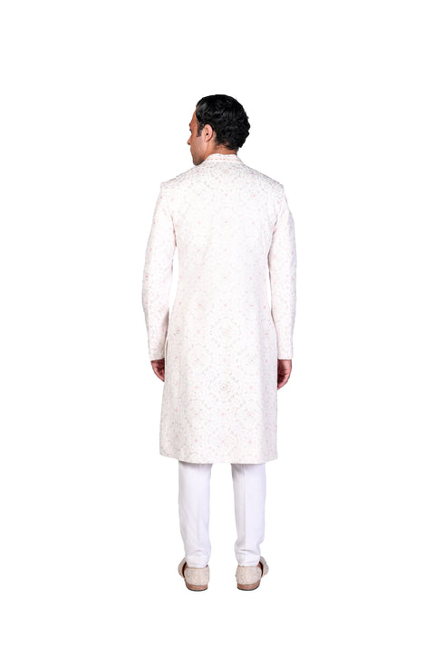 Off-White and Pink Vine Jaal EMB Sherwani