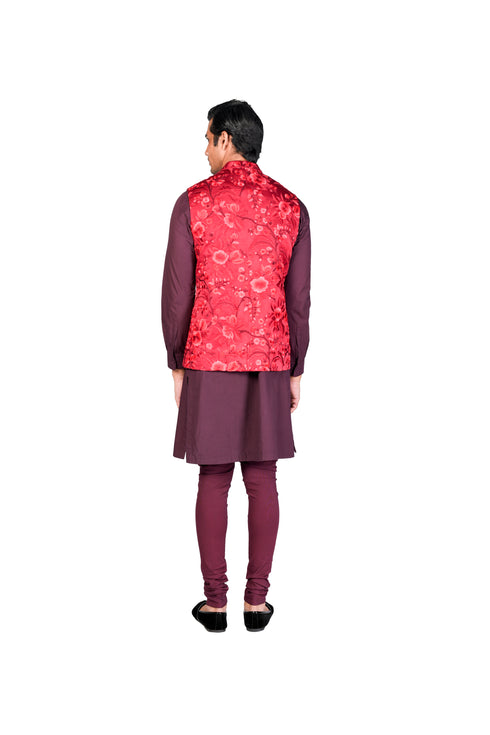Red Wallpaper thread EMB Waistcoat with Wine Kurta and wine Churidar