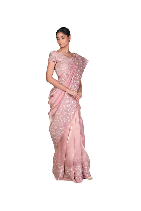 Vine Jaal Pink Tissue Saree with EMB Blouse Piece