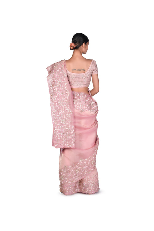 Vine Jaal Pink Tissue Saree with EMB Blouse Piece