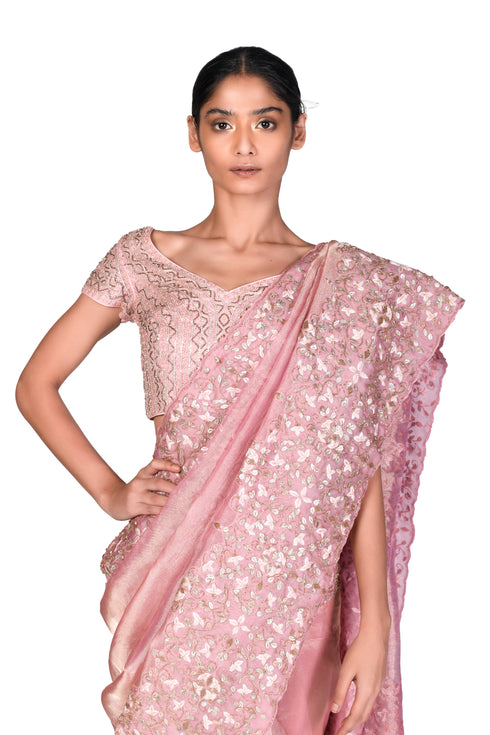 Vine Jaal Pink Tissue Saree with EMB Blouse Piece