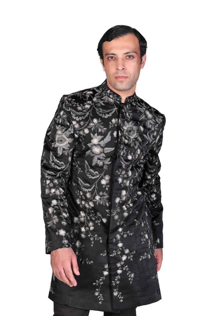 Textured Black Slim Fit Bandhgala Suit with Pants (Imported) main image 1
