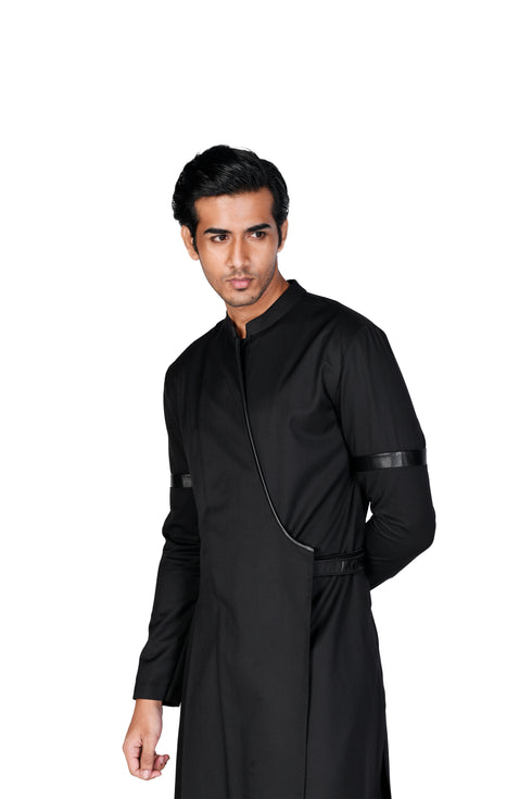 Black Suiting Angrakha with Black Slim Pants