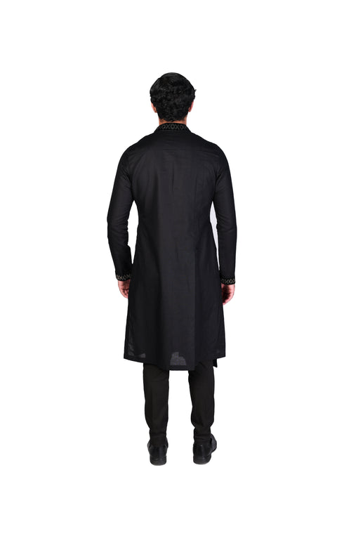 Black Linen Angrakha with chirag EMB Details and Black Slim Pants
