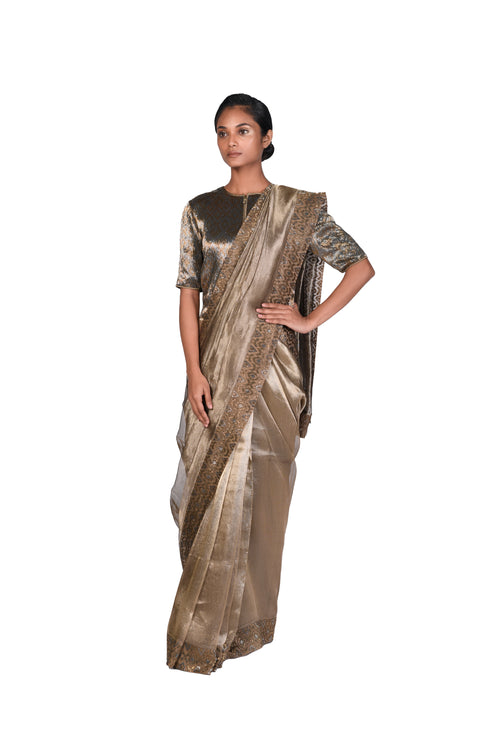 Chirag EMB Antique Gold Tissue Saree with Blouse Piece and EMB Short Jacket