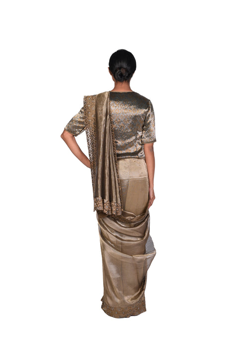 Chirag EMB Antique Gold Tissue Saree with Blouse Piece and EMB Short Jacket
