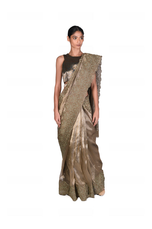 Pumpkin Leaf EMB Antique Gold Tissue Saree with Blouse Piece + Pipe EMB Gold Cutwork Sleeveless Blouse