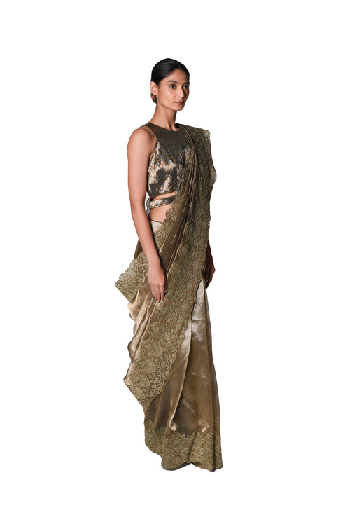 Pumpkin Leaf EMB Antique Gold Tissue Saree with Blouse Piece + Pipe EMB Gold Cutwork Sleeveless Blouse
